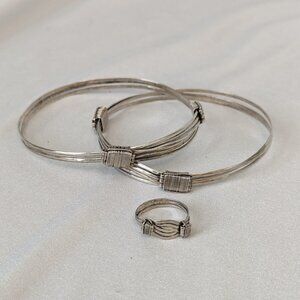 Vintage Sterling 2 Silver Southwestern Wire Wrapped Multi Bangle Bracelet & Ring